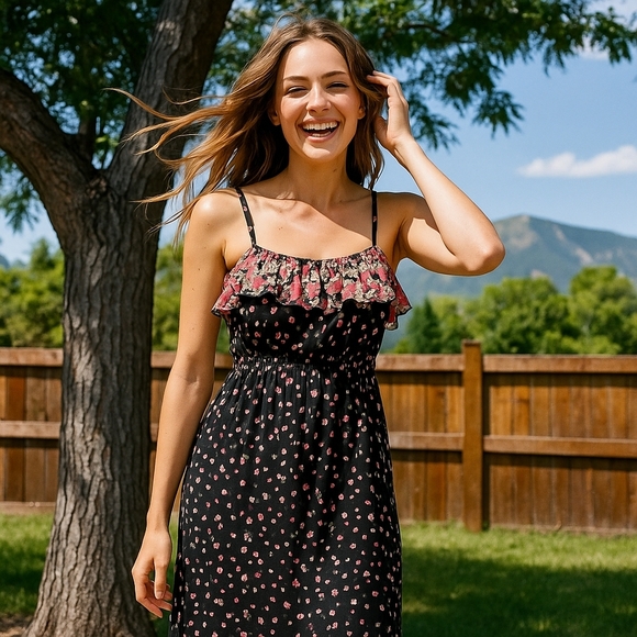Floral Black Spaghetti Strap Ruffle Top Belted Stretch Waist Maxi Dress Size M - Picture 5 of 14